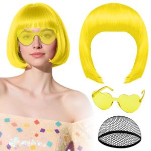 PLULON Yellow Bob Wig with Heart Sunglasses and Hair Cap for Women, Short Bob Wigs Synthetic Colored Funny Cosplay Hairpieces for Women Men Daily Bachelorette Halloween Costume Party Decorations