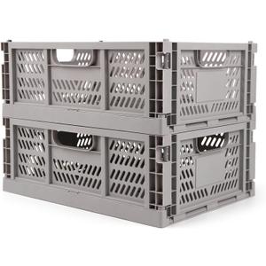 Domiella 2-Pack Crates for Storage, Storage Crates Plastic Stackable, Foldable Crate for Office Home Kitchen Bedroom Bathroom (Large, Gray)