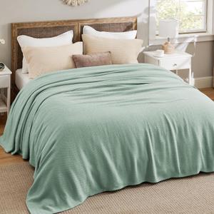 Bedsure 100% Cotton Blanket Queen Size for Bed - Breathable and Lightweight, Soft Cozy Textured Herringbone Woven Blanket for Summer, Sage Green, 90x90 inches