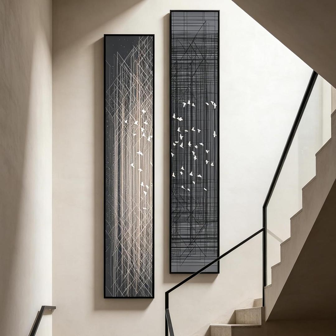 AMAATE 2 pieces of vertical crystal ceramic wall art, black aluminum frame, 8" x 55"