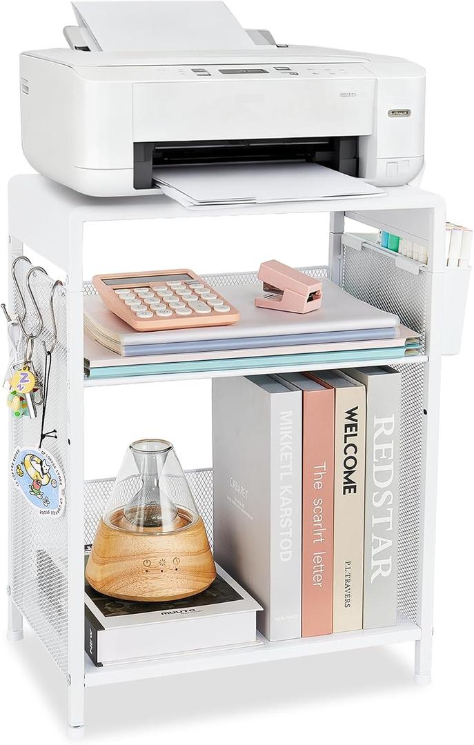 LEKETREE Small Under Desk Storage, White Printer Stand with Storage Shelf, 3-Tier Height Adjustable Printer Table with Basket & 3 Hooks for Home Office Fax Machine Scanner Files
