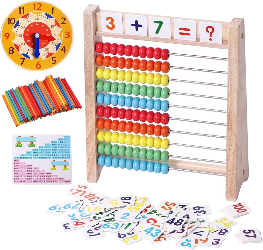 Wooden Abacus for Kids Math Manipulatives Learning Clock for 5+ Year Old Boys Girls 1st 2nd Grade Math Counters 100 Counting Sticks Montessori Preschool Educational Math Toys Homeschool Supplies