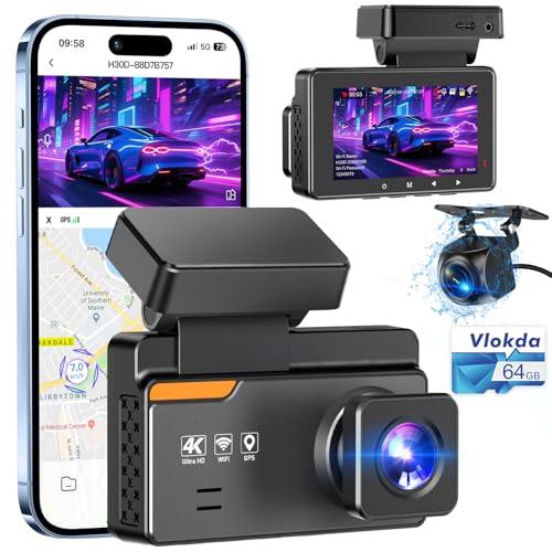 Dash Cam Front and Rear, 4K/2K Dashcams for Cars, Camera for Car with Free 64GB Card, Built-in WiFi GPS, ADAS, Night Vision, Loop Recording, Emergency Lock, 170°Wide Angle, 24H Parking Mode