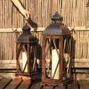 Large Farmhouse Wooden Metal Lantern Set of 2, 30''/22'' H Rustic Decorative Indoor & Outdoor Hanging Candle Lanterns, Wooden Outdoor Lanterns for Patio Front Porch Table, Brown