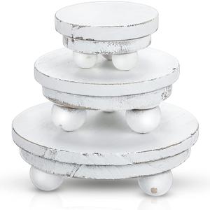 Amyhill 3 Pcs 5/4/3 Inch Wooden Risers for Display Wood Pedestal Stand Mini Tray Stand Round Wooden Pedestal Holder Rustic Buffet Cake Riser for Decor Tiered Tray Decor Home Kitchen(Washed White)