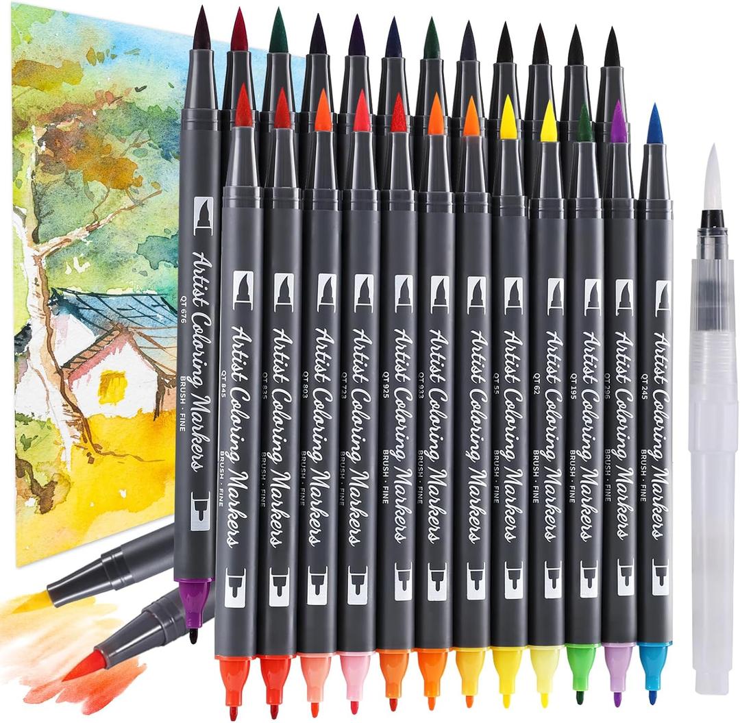 24 Colors Blendable Watercolor Markers 2025 Professional Double Tip Paint Pens with 1 Water Brush Pen Water Based Coloring Pens Drawing Markers Set with Flexible Brush Tip for Adults