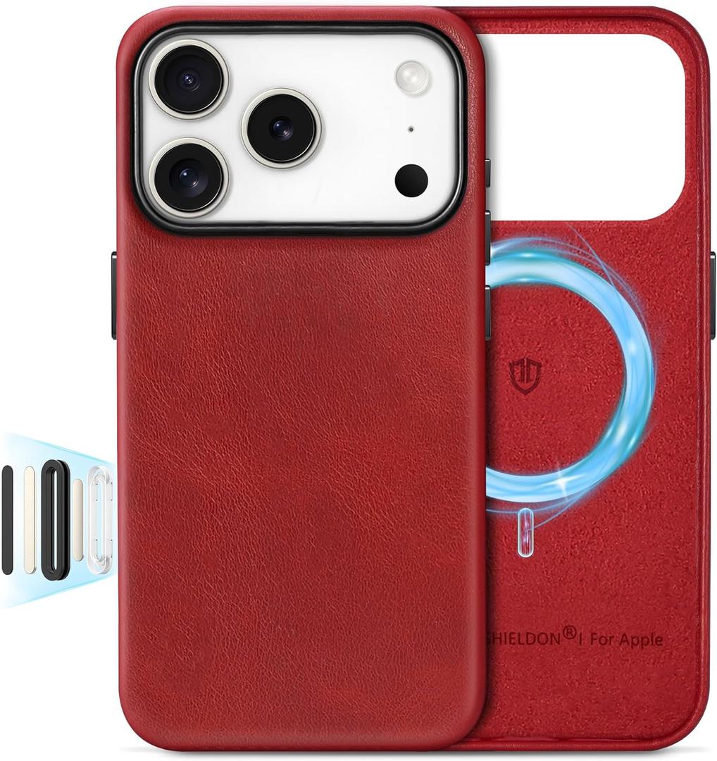SHIELDON Genuine Leather Case for iPhone 17 Pro 6.3 Inch 2025 | [Updated Camera Button] | Magnetic Wireless Charging, Slim Fit, Non-Slip, Protective Phone Cover with Metal Buttons - Retro Red