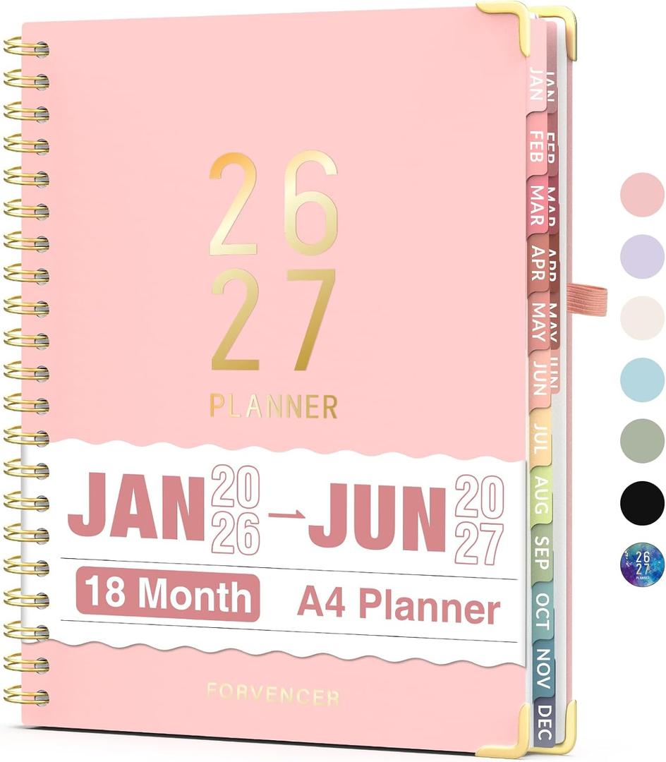 Forvencer Planner 2026-2027, 18 Month Weekly and Monthly Calendar Planner, Jan 2026 -June 2027, 8.5" x 11", Daily Agenda Book with Tabs, College School Supplies for Student Teacher Home, A4, Pink