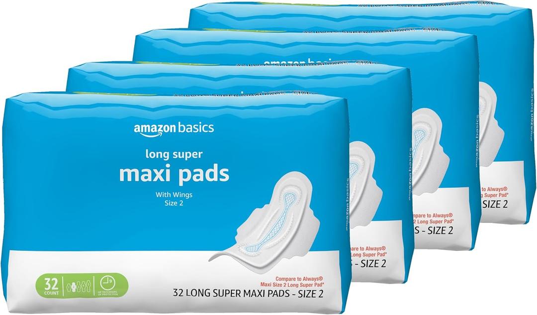 Amazon Basics Thick Feminine Maxi Pads with Flexi-Wings for Periods - Long Length, Super Absorbency, Unscented, Size 2, 128 Count (4 Packs of 32)