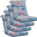 Barydat 4 Pcs Tufted High Back Chair Cushion Indoor Outdoor Seat and Back Cushions Palm Leaves Tropical Plants Lawn Rocking Chair Pads with Ties for Adirondack Patio Garden(Blue Flower), 43.4 X 21 X 3.3 Inches
