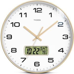 TIMESS Wall Clock, 10" Dial Non-Ticking Silent Battery Operated Analog with LCD Display for Perpetual Calendar and F Temperature, Ideal Modern Home, Bedroom, Kitchen, Office Decor (Gold)