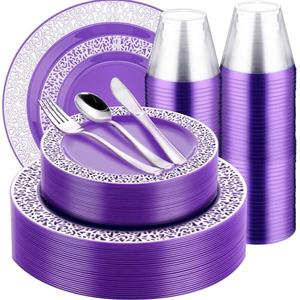 Norme 150 Pcs Plastic Dinnerware Set Include 10.2'' Dinner Plates 7.5'' Salad Plates 9 oz Rimmed Cups Knives Forks and Spoons for 25 Guests Wedding Party(Purple)