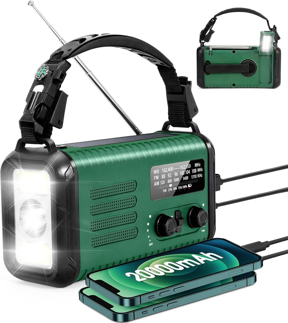 Hand Crank Emergency Radio, NOAA Weather Radio with AM/FM & Solar Radio, 20000MAH Rechargeable Battery Powered, Cell Phone Charging, Flashlight Reading Lamp Headphone Jack, SOS Alarm for Emergency (Army green)
