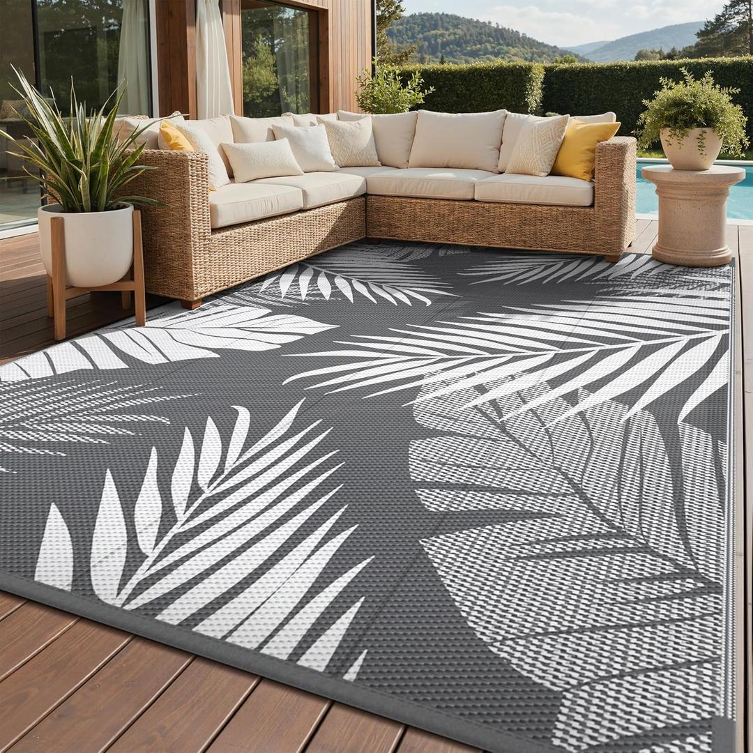 GENIMO Outdoor Rug 8' x 10' Waterproof for Patios Clearance, Reversible Plastic Straw Camping Rug Carpet, Large Area Rugs Mats for RV, Picnic, Backyard, Deck, Balcony, Porch, Beach, Grey&White
