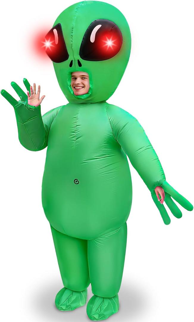 Camlinbo Halloween Inflatable Alien Costume with Red LED Eyes, Scary Alien Blow Up Costumes for Adults Men, Full Body Green Inflatable for Cosplay Themed Parties