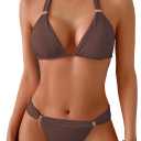 TASHEHE Women's Triangle Ruched Bikini Set Sexy Two Piece Swimsuit Halter Sliding Rings Bathing Suit (Small, Coffee Brown)