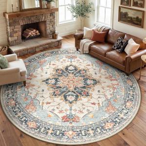 8ft Round Rug, Area Rugs 8ft, Washable Rug, Non-Slip, Rugs for Living Room for Bedroom, Circle , Vintage Rugs Boho Floral Medallion, Low Pile, Soft, Beige Dark Blue Navy Red