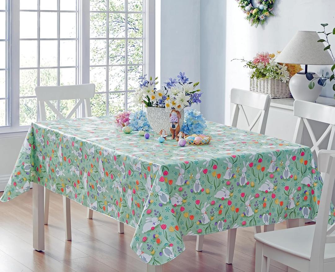 Newbridge Easter Cotton Tail Bunny Party Vinyl Flannel Backed Spring Tablecloth - Cottage Style Bunny Rabbit, Easter Egg & Floral Wipe Clean Easy Care Vinyl Tablecloth, 52 x 70 Oblong/Rectangle