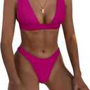 Bathing Suits for Women Deep V Neck Sexy Two Piece Bikini Sets for Women Thong Halter Cheeky Swimsuit (Medium, Rose Red)
