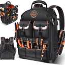 Tool Backpack Heavy Duty  LOKASS Tool Backpack with Molded Base, 1680D Tool Organizer with Laptop Compartment & Combination Lock, Water-Resistant Electrician & HVAC Tool Bag, Stands Upright (Black)