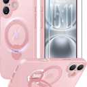FNTCASE for iPhone 16 Plus Case: [360 Spin Magnetic Stand] [Compatible with Magsafe] [Screen Protector] Translucent Matte Military Grade Shockproof Full Camera Protective Phone Cover - Pink