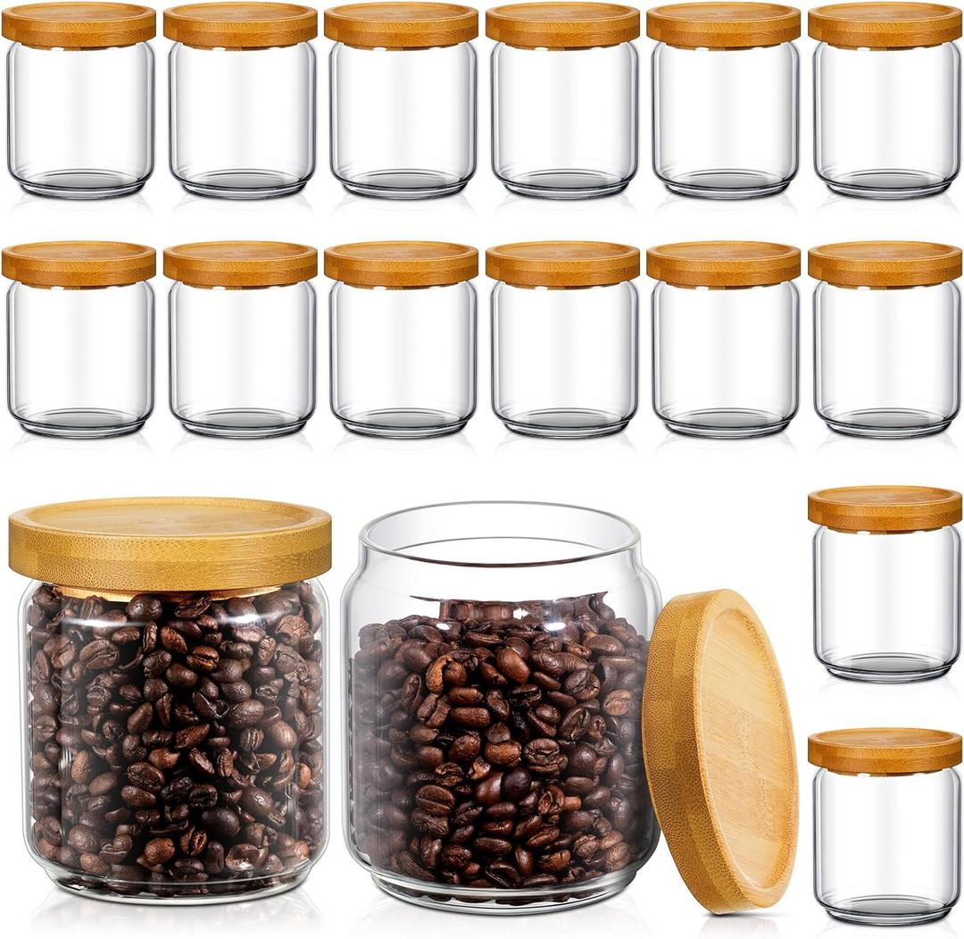 Irenare 16 Pack Glass Containers Canister Set, 17 oz Food Storage Spice Jars with Airtight Lids, Clear Kitchen Containers for Coffee Sugar Tea Beans Nuts Candy Pantry Organization (Bamboo)