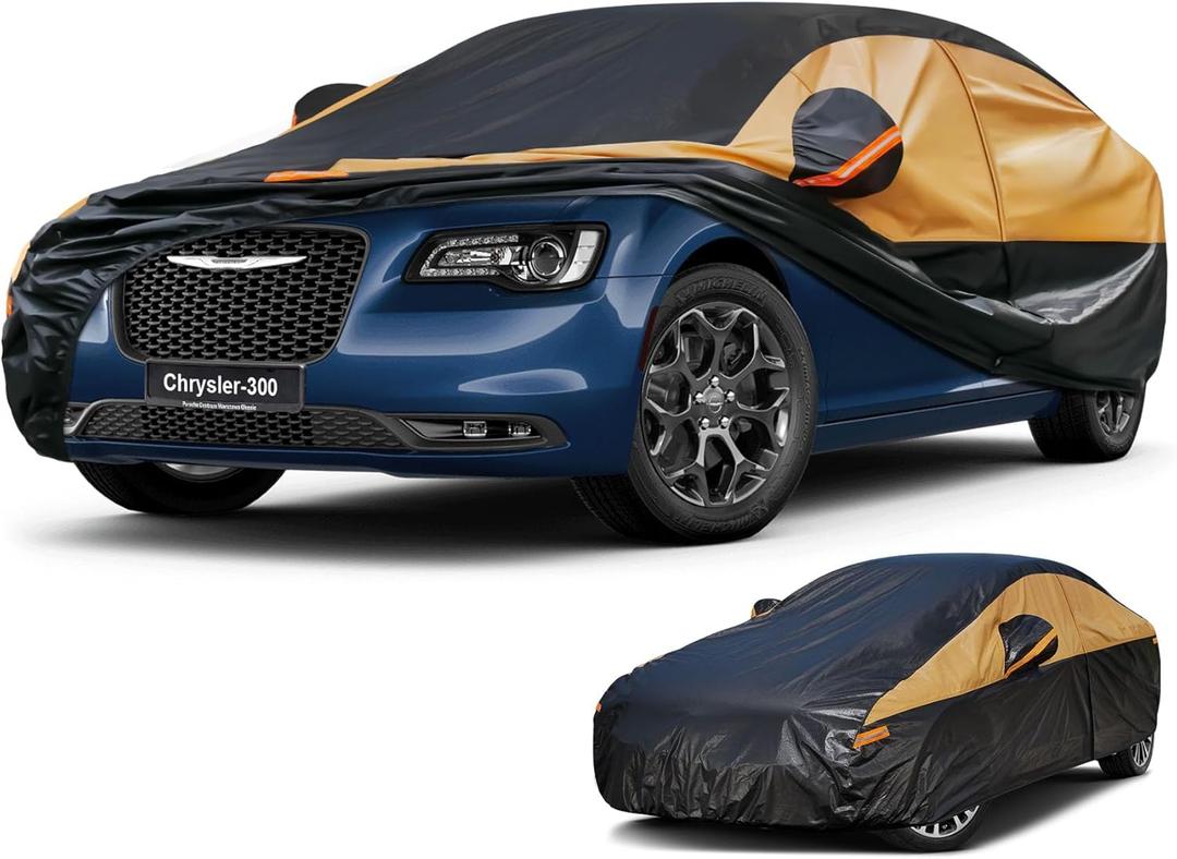 Heavy Duty Sedan Car Cover Custom Fit Chrysler 300 (1998-2025), Car Covers for Automobiles Waterproof All Weather, Outdoor Full Exterior Covers with Zipper and Cotton Lining. Black