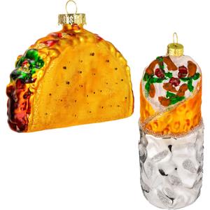 JOYIN Christmas Taco and Burrito Ornament, 2 pcs Glass Blown Set Handcrafted for Tree Hanging Ornament Outdoor Christmas Decorations Indoor