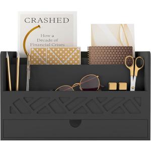 Bamboo Mail Organizer Countertop Desktop with Drawer - Desk Organizer with File Organizer for Office Supplies All-in-One Desk File Organization with Pencil Holder for Paper Letter Envelope Bill (1 Black)