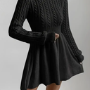 Solid Turtle Neck Dress Elegant Long Sleeve A-line XL Black