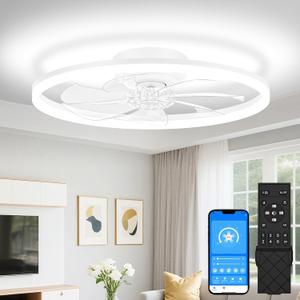 VOLISUN Low Profile Ceiling Fans with Light and Remote, No Assembly, 24in Fandelier Ceiling Fan with Lights, 3000K-6500K Dimmable Flush Mount LED Fan Light, White Bladeless Ceiling Fans for Bedroom