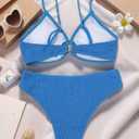 Fanuerg Women's Ribbed Triangle Bikini Sets O Ring Linked Two Piece Swimsuit Textured Cheeky Swim Bathing Suit (Blue, S)