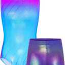 TENVDA Gymnastics Leotards for Girls 10-12 Years Old Sparkly Blue Pink Tumbling Outfit Matching Shorts Set Tank Bodysuits Purple Lines, 10-12 Years