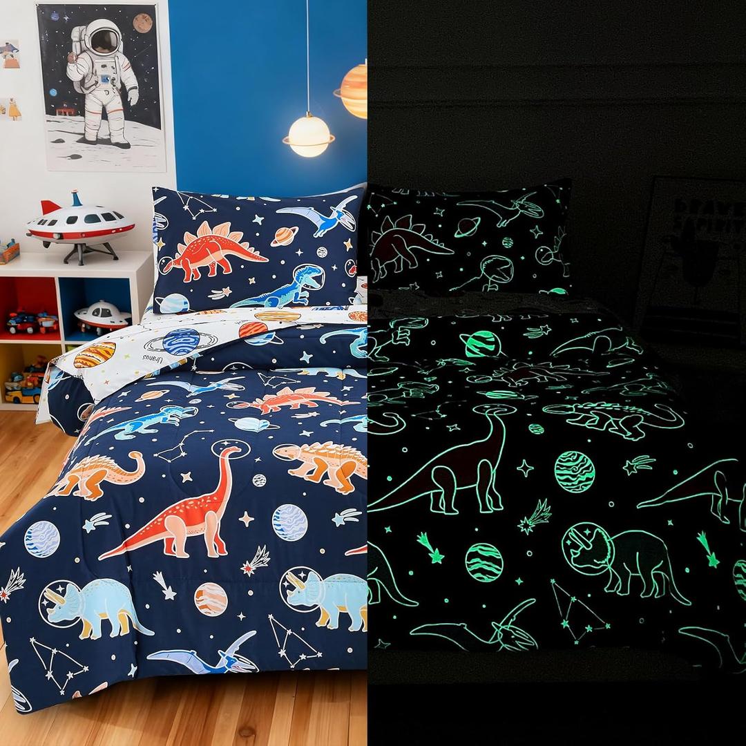 Meeting Story Glow in the Dark Kid Bedding Set for Boys,5Piece Queen Boys Dinosaur Comforter Set with Sheets for Kids Teens