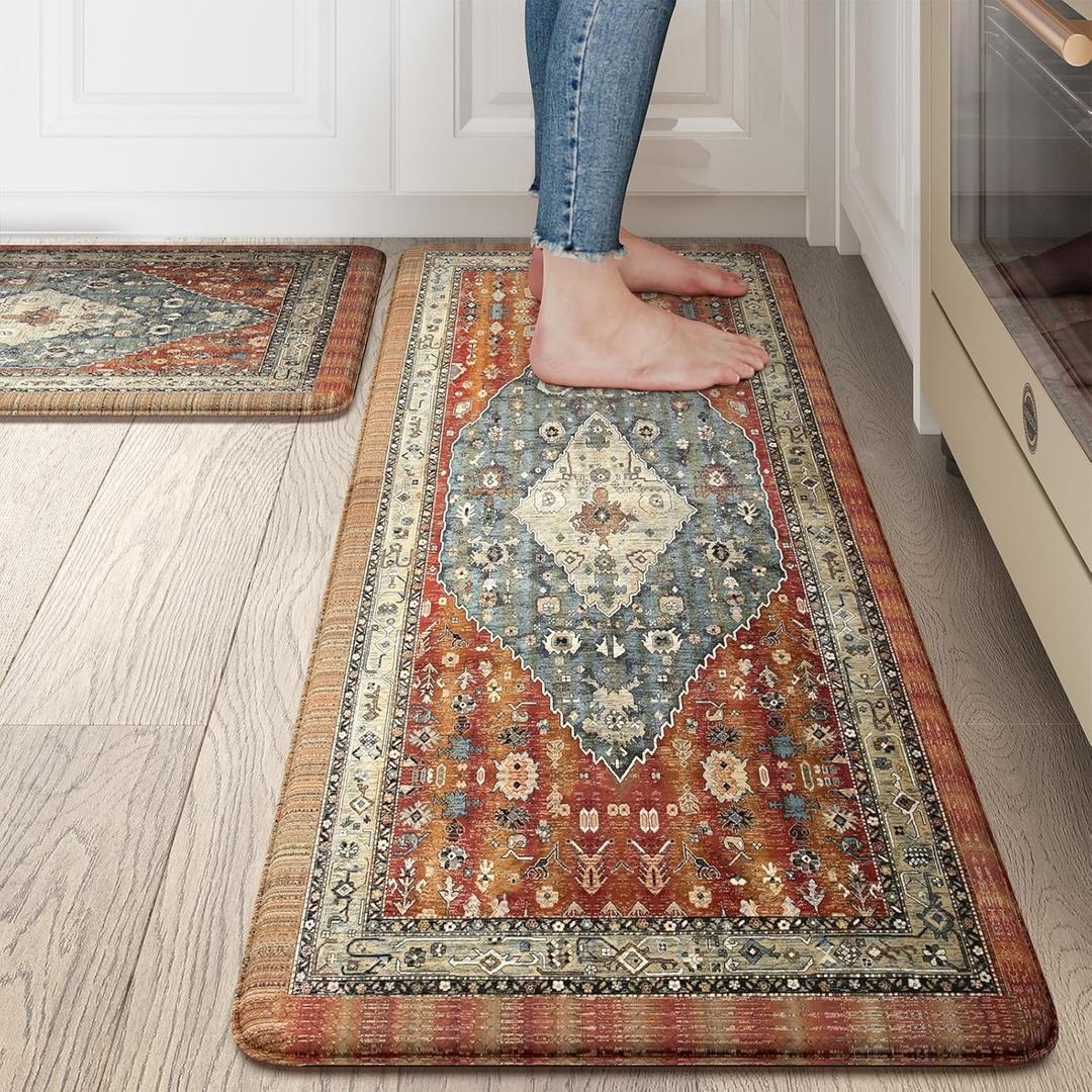 Collive Boho Kitchen Mats 2PCS, Cushioned Kitchen Mat for Floor Anti Fatigue Waterproof Kitchens Rugs Set of 2, Non Skid Comfort Standing Rug for Office, Sink, Laundry, 17"x30"+17"x47" (Geometric Tribal)