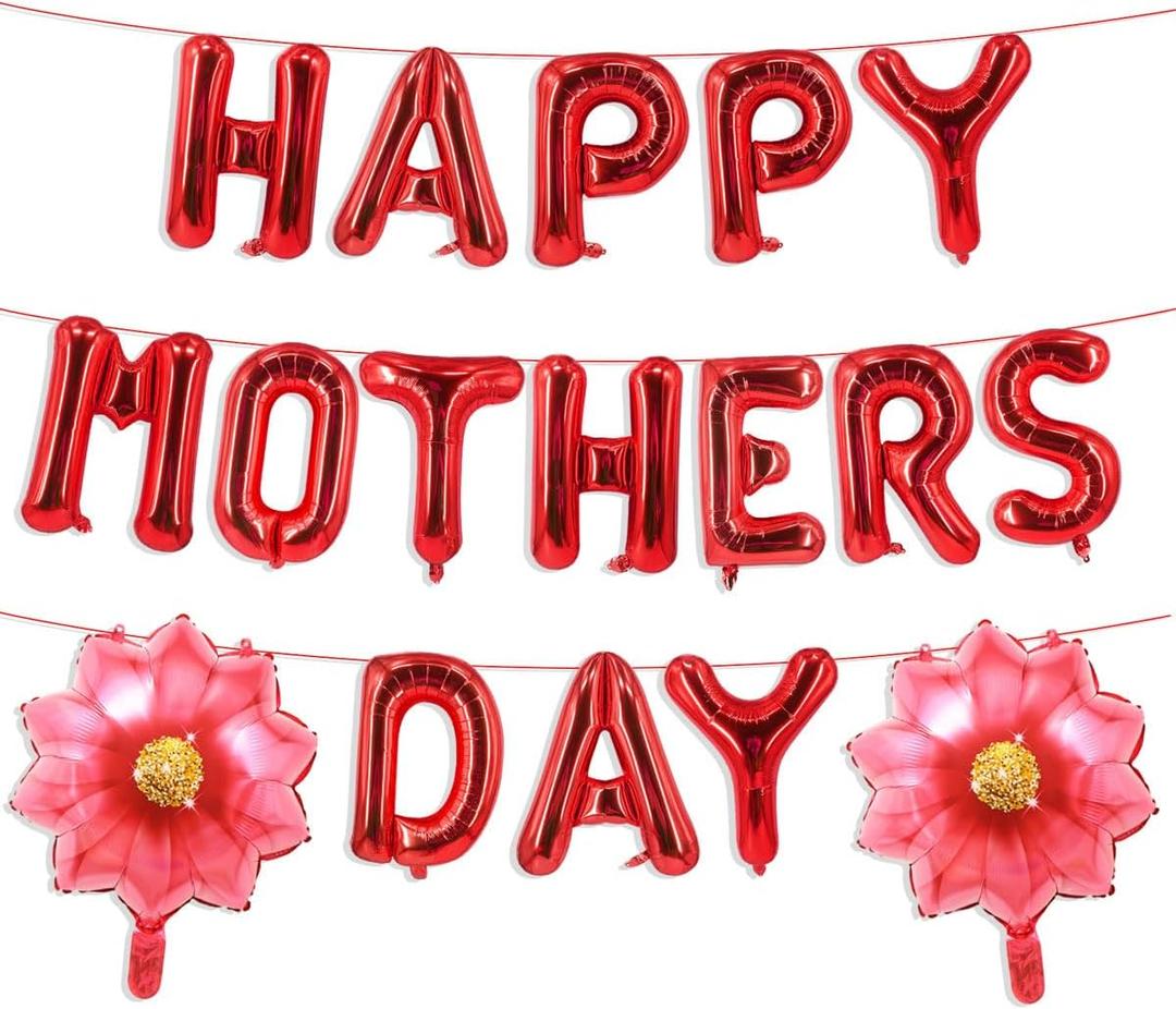 4 x Happy Mothers Day Balloons 16 Inch Red Letter Balloons Sunflower Balloons Mother's Day Foil Balloons for Mothers Day Decorations Supplies