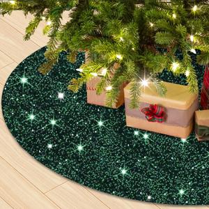 WUPIOS 36Inch Emerald Green Christmas Tree Skirt Sparkly Xmas Tree Skirt Cover Unique Sequence Xmas Tree Collar for Artificial Trees Halloween Tree Carpet for Christmas Home Indoor Outdoor Party Decor