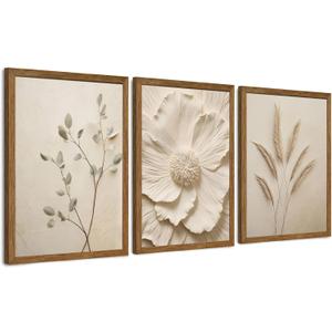 JLTULT 3 Piece Framed Neutral Beige Floral Canvas Wall Art, Modern Simple Texture Blossom Wall Decor, Vintage Botanical Flower Art Prints for Living Room Bedroom Farmhouse 12x16 inch Ready to Hang