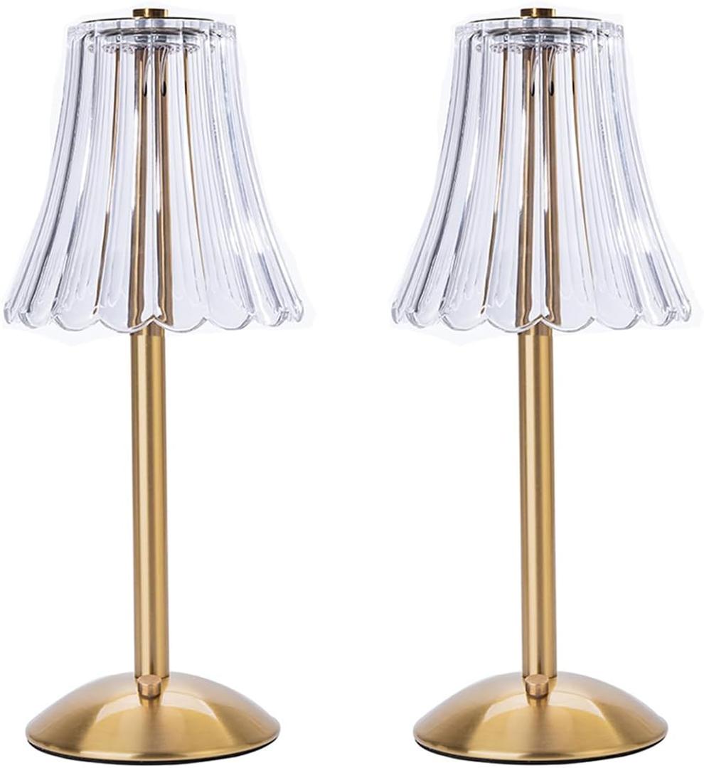 HEQET Cordless Table Lamps for Home,Table,Dining Room, Gold Rechargeable Lamps, USB Charge 12'' Tall LED Brass Portable Outdoor Indoor Table Lamp with Built-in Dimmer (Pack2 Gold Flower Lamp)