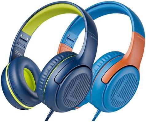 awatrue 2PCS Kids Headphones for School Travel, 85/94dB Safe Volume Limit, 3.5mm Jack, HD Mic, Portable Wired Headphone with Shareport, Stereo Sound On-Ear Headphones for Toddler Kids Girls Boys