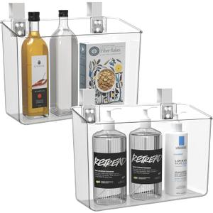 vacane 2 Pack Plastic Over Cabinet Door Organizer with Removable Hooks, Clear Hanging Baskets for Organizing Hanging Holder for Kitchen, Bathroom-Hang Outside or Inside Door-L