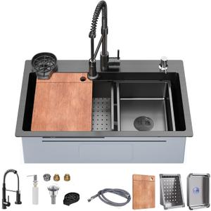 32 x 19 inch Kitchen Sink, Single Bowl Stainless Steel Sink Multifunctional Drop In Sink with Pull-Down Faucet and Multiple Accessories (black grey, 32 * 19 inch)