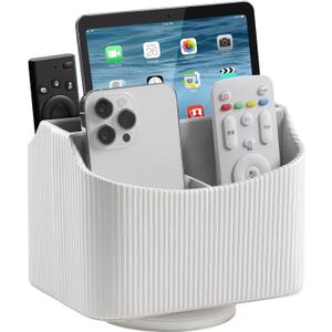 PU Leather Remote Control Holder, 360 Degree Rotating Desk Organizer Storage Table Remote Caddy, Spinning Bedside Organizer Nightstand Organizer for Desktop Office Home (White)