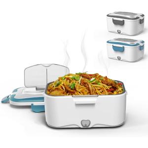Electric Lunch Box Food Heater - 2-In-1 Portable Food Warmer Lunch Box for Car & Home  Leak proof, 2 Compartments, Carry Bag, removable 304 Stainless Steel Container (Blue, metalic tableware)