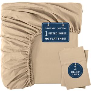 LANE LINEN Fitted Sheet Full Size, 100% Organic Cotton, 3Pc Set (1 Fitted Sheet, 2 Pillowcases), Percale Weave, Full Bed Fitted Sheets, Ultra Soft, Fits Mattress Upto 15" Deep - Linen (No Flat Sheet)