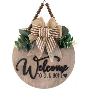3D Welcome Sign for Front Door | Home/Farmhouse Porch Dcor Wooden Hanging Sign with Artificial Leaves and Rustic Beads | Christmas Classroom |12" Round (Oak_Nature)