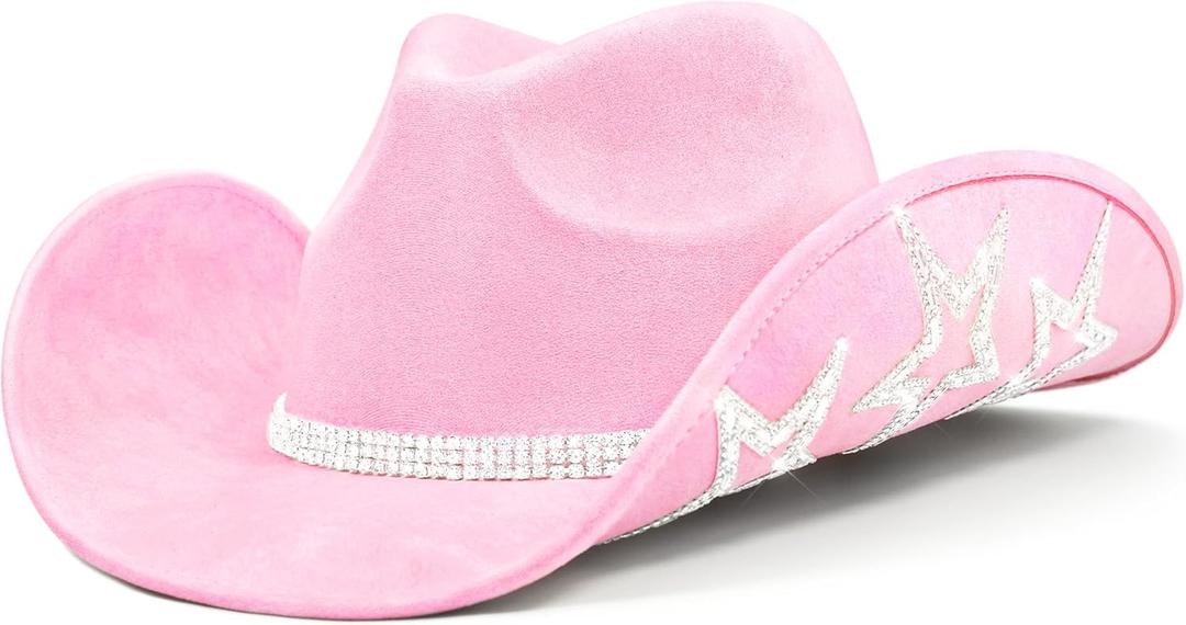 Keilin Rhinestone Cowgirl Hat Disco Cowboy Hat Felt Western Nashville Bachelorette Party Hat for Teens and Adults (6 3/4-7 3/8, Pink)