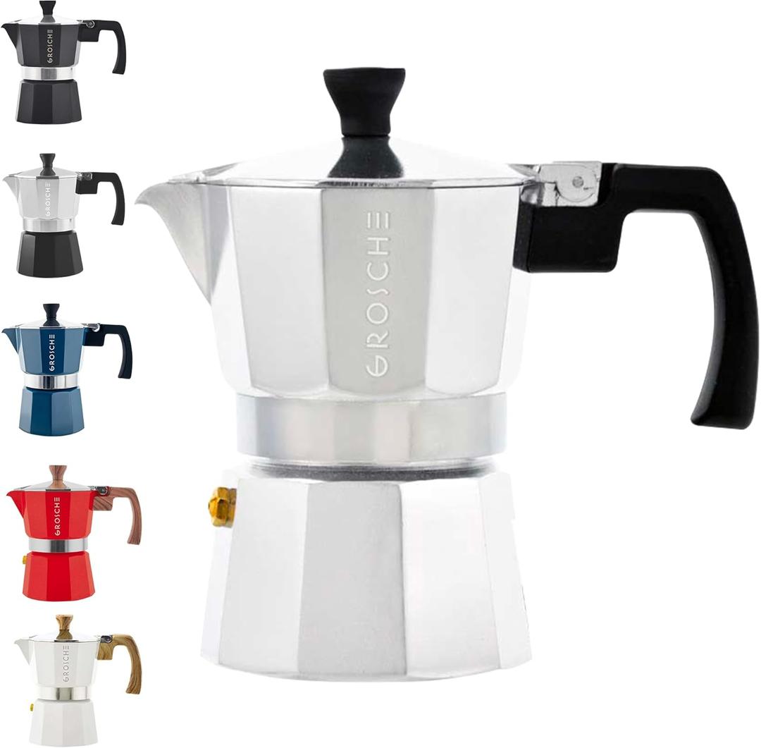GROSCHE Milano Moka Pot | 3 Espresso Cup - 5 oz | Stovetop Espresso Percolator & Coffee Maker Portable, Ideal for Home and Camping, 3 espresso cups, Silver