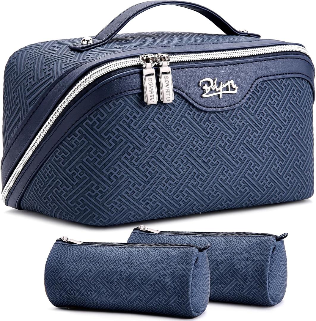 BOYATU Travel Makeup Bags for Women: Vintage Roman Column Texture Large Capacity Cosmetic Bag - Each Journey, Quiet Luxury Serenity - 3 Pcs Set Organizer Toiletry Purse 50% Extra Storage(Indigo)