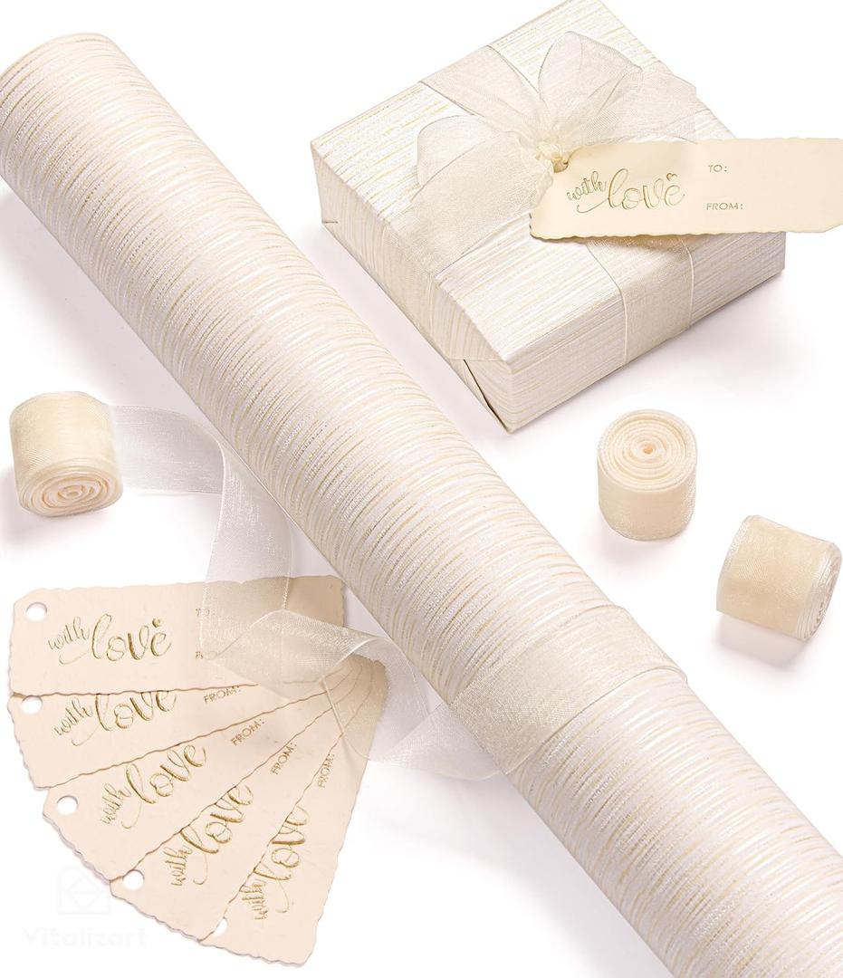 Vitalizart White Textured Wrapping Paper Set 30" Organza Ribbon & Gift Tags